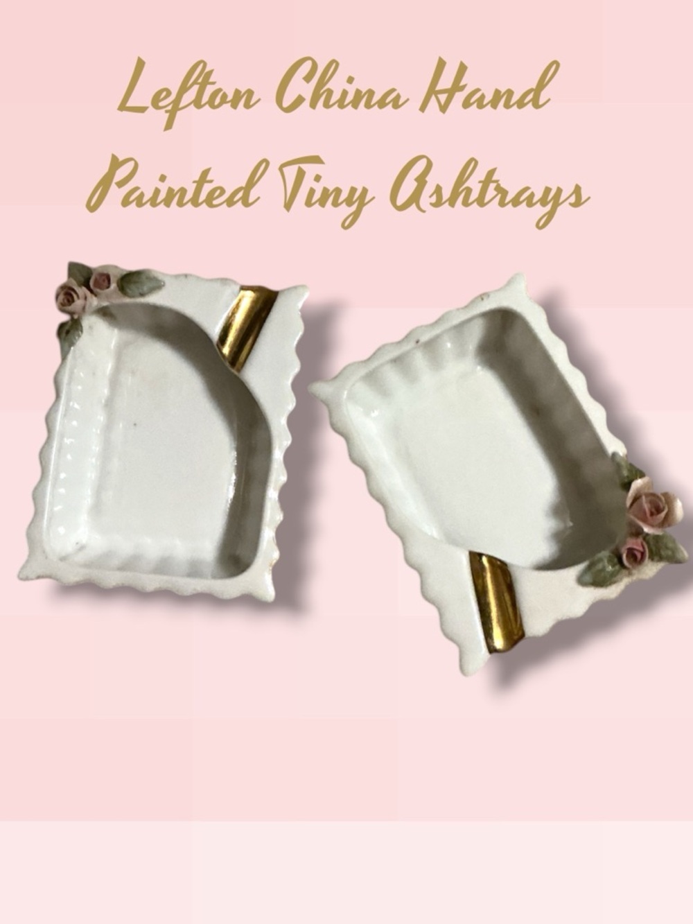 🌼VTG-Lefton China White Hand-Painted Tiny Ceramic Ashtrays with Gold Accents